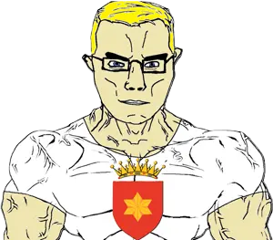 chudjak, chudjak front, muscular chud, blonde hair, chud, crown, glasses, hair, looking at you, tavolara