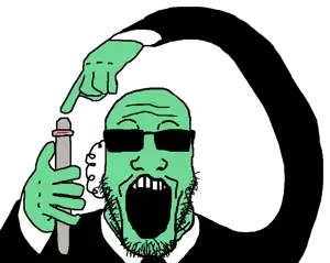 markiplier soyjak, bald, fed, glasses, glowing, green skin, hands, holding object, open mouth, pen