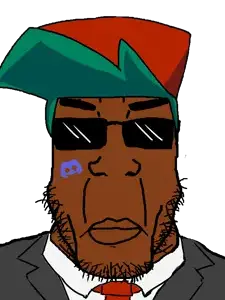 esl fnf pedo, chudjak, markiplier soyjak, chudplier, blue hair, brown skin, clothes, discord, discord logo facial mark, glasses