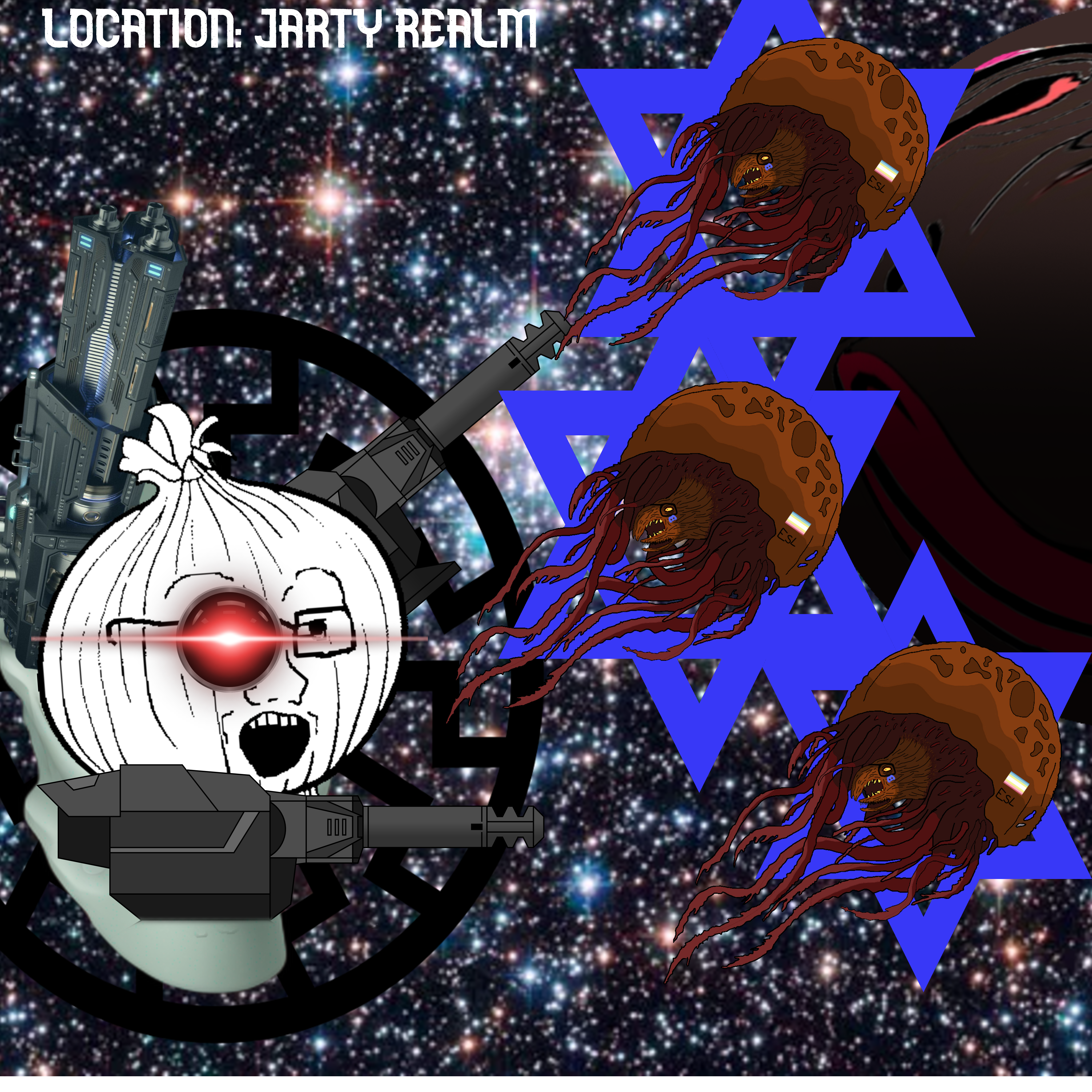 esl fnf pedo, chudjak, jartycuck, 900-84-cuck-b, black skin, brown skin, cannon, cyborg, laser, logo