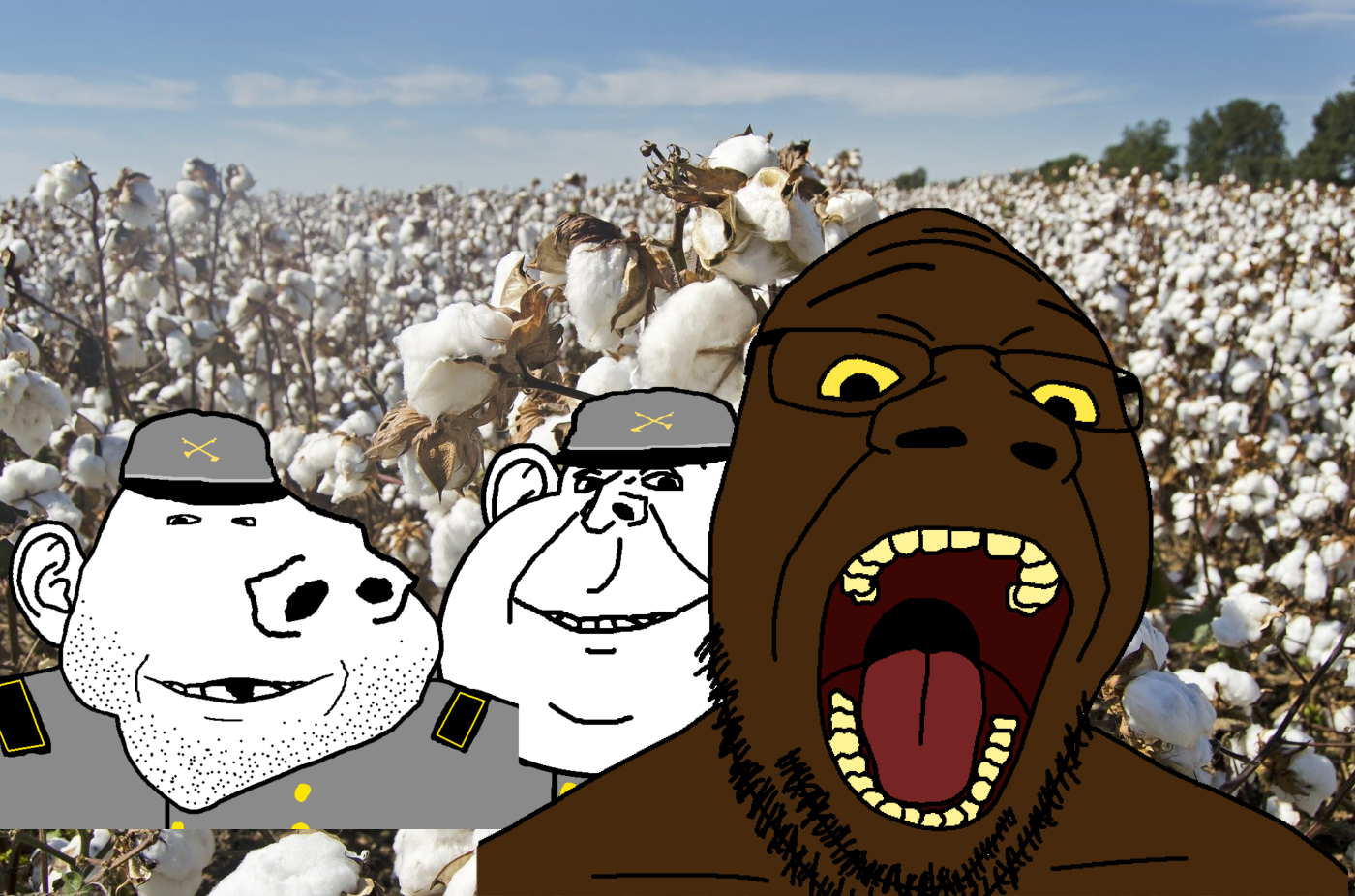 goopjak, impish, impish soyak ears, arkansasjak, okynnig, closed mouth, clothes, confederate, cotton field, deformed