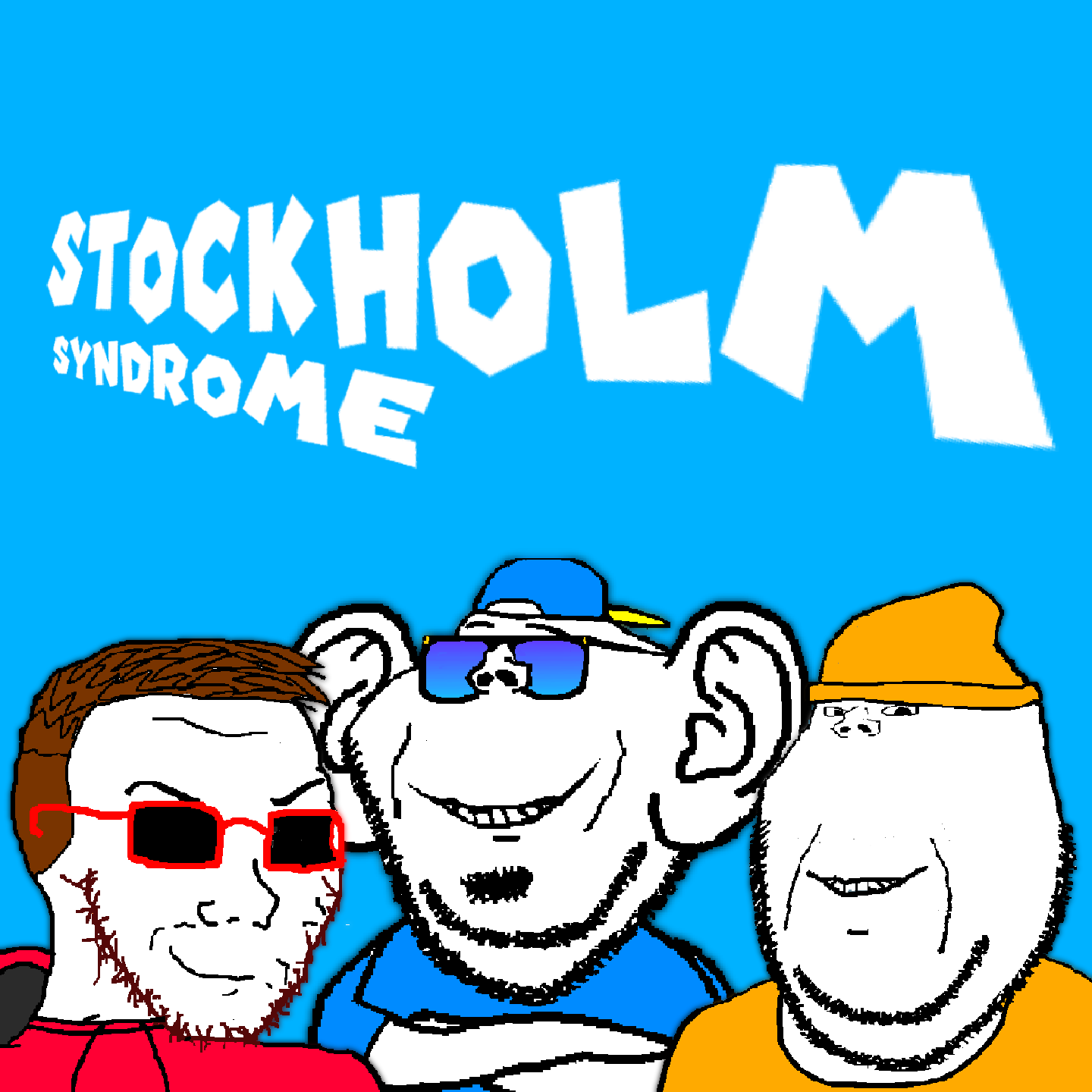 impish soyak ears, soyak, michijak, party soyak ears, stockholm syndrome, yellow shirt, album cover, band, beanie, blue shirt