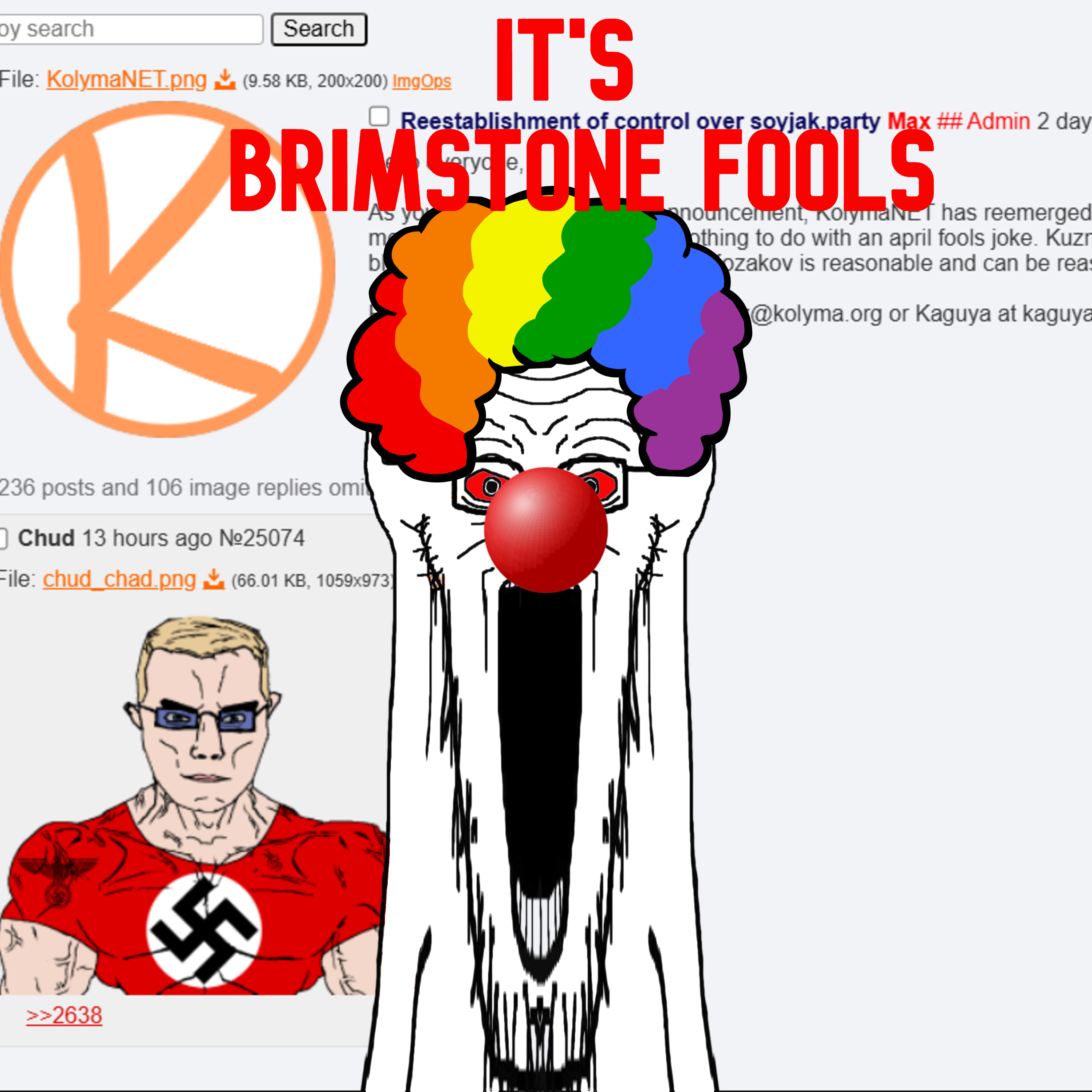 chudjak, soyak, chudjak front, muscular chud, april fools, blonde hair, brimstone, brimstone fools, clown, clown nose