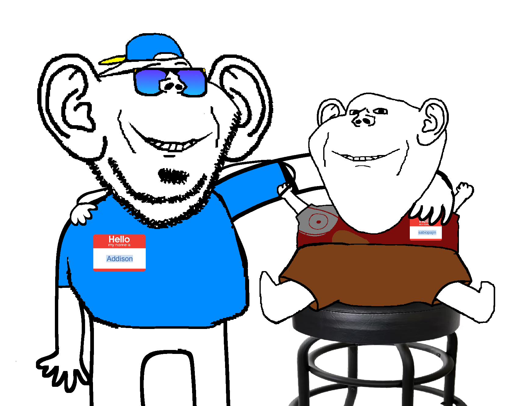 impish soyak ears, party soyak ears, pissbaby, 2soyjaks, baby, beard, big, blue shirt, cap, closed mouth