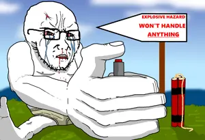 soyak, button, crying, drawn background, dynamite, seething, sign, sitting