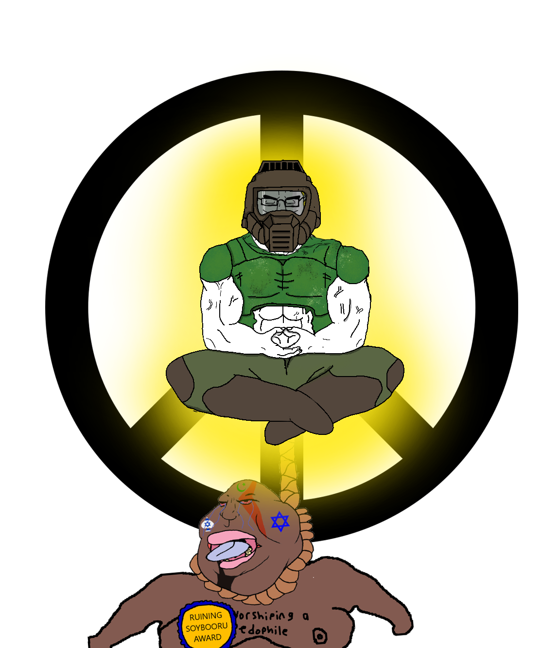 doom guy, chudjak, meximutt, chudjak front, muscular chud, armor, brown skin, buff, closed eyes, clothes