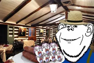 bernd, impish soyak ears, hanging troonjak, troonjak, 2soyjaks, ack, amish, arm, bloodshot eyes, clothes