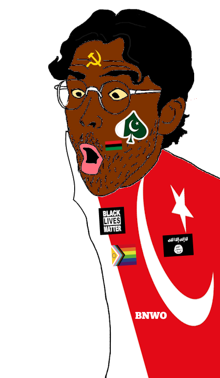 unknown, antichrist, black eyes, bnwo, brown skin, communism, crescent and star, ear, gay, glasses