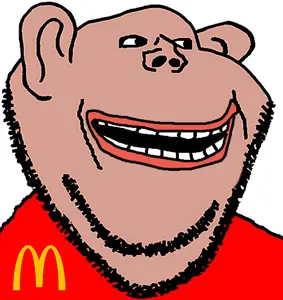 impish soyak ears, impish amerimutt, brown skin, mcdonalds, red shirt, smile