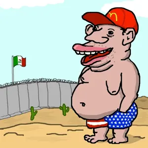 classic amerimutt, amerimutt, border, clothes, desert, fat, full body, hat, mcdonalds, mexico