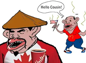 impish soyak ears, impish amerimutt, amerimutt, canada, clothes, full body, gook, mcdonalds, mutt, mutt lips