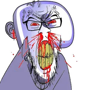 feraljak, feralrage, /g/, 4chan, blood, bloodshot eyes, clenched teeth, cracked teeth, ear, gentoo