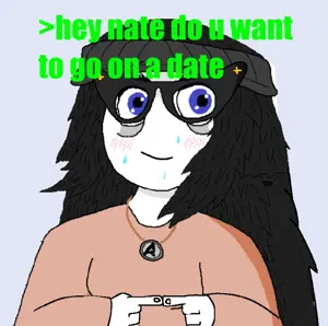 soytan, blue background, blue eyes, brimstone, clothes, coal, glasses, greentext, hair, pedophilic