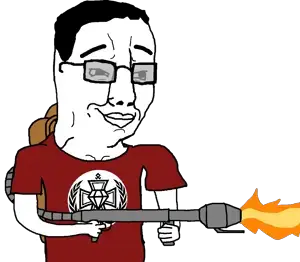 chudjak, /pol/ (soyjak.party), fire, flamethrower, glasses, smile