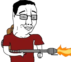 chudjak, fire, flamethrower, glasses, red shirt, smile