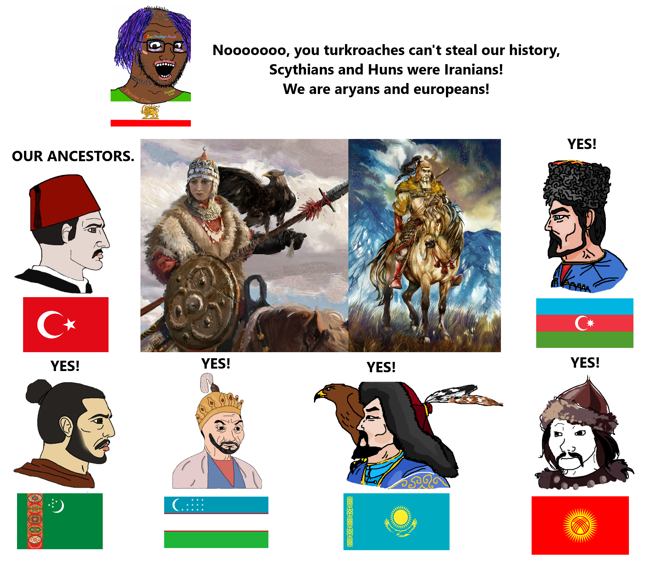 wojak, soyak, soyak (crazed), asian, azerbaijan, brown skin, chad, closed mouth, clothes, crazed