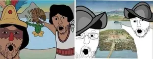 two pointing soyjaks, ancient, cactus, city, eagle, indigenous, native american, spain, spaniard, spanish