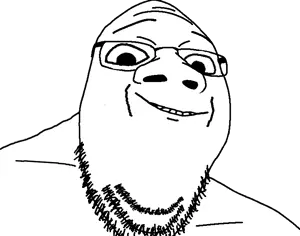 sabiopajin, goopjak, big eyes, big nose, big shoulder, big trap, chin, deformed, glasses, happy