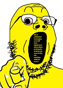 gapejak, anal probe, bloodshot eyes, glasses, hands, open mouth, pointing, pointing at viewer, scared, soyjak