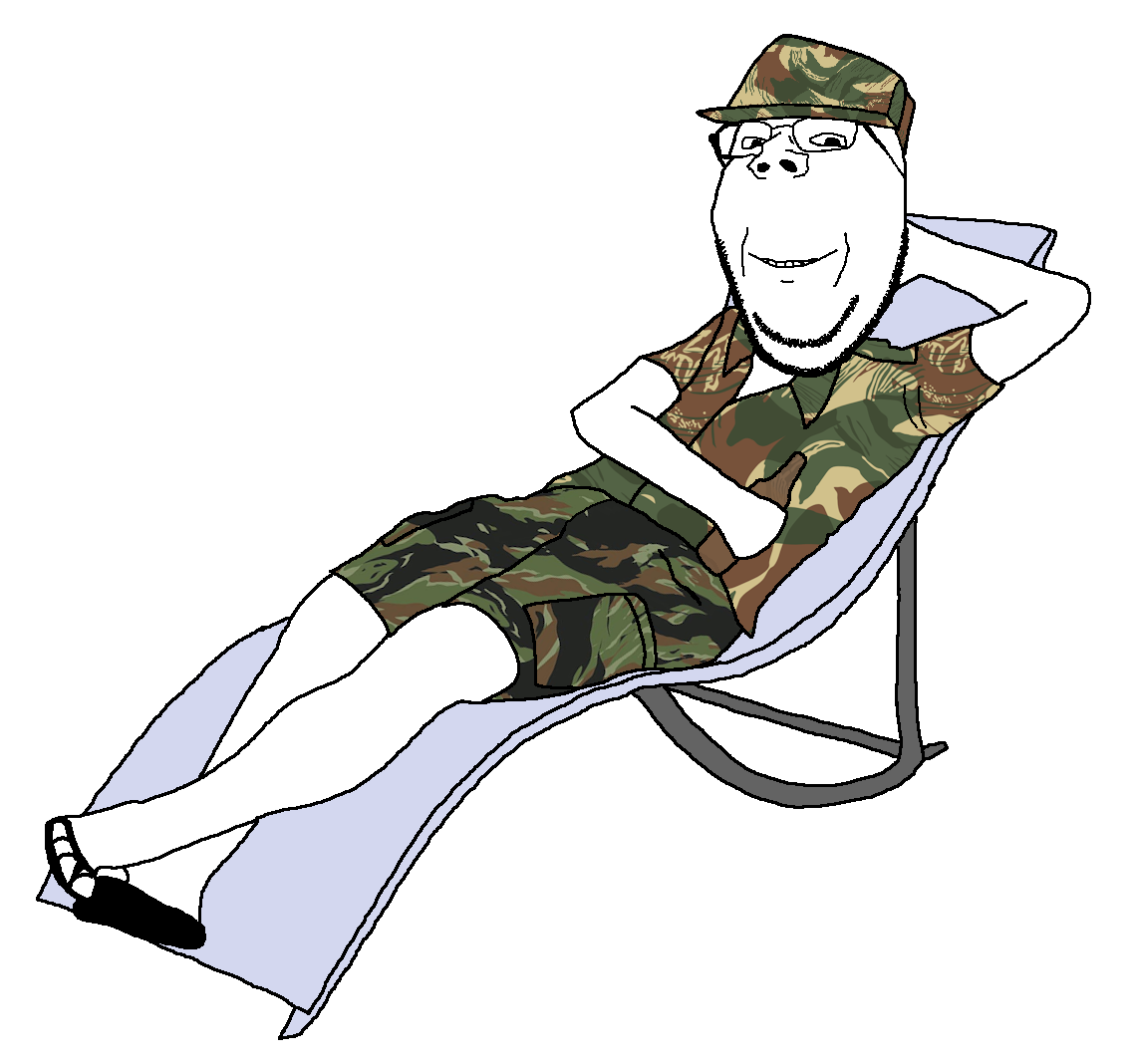 gapejak, wholesome soyjak, alcohol, beer, camouflage, chair, closed mouth, clothes, comprehensiblewoahjack, drink