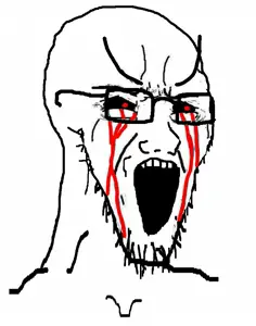 soyak, black sclera, blood, blood from eyes, crying, evil, glasses, open mouth, red eyes, soyjak