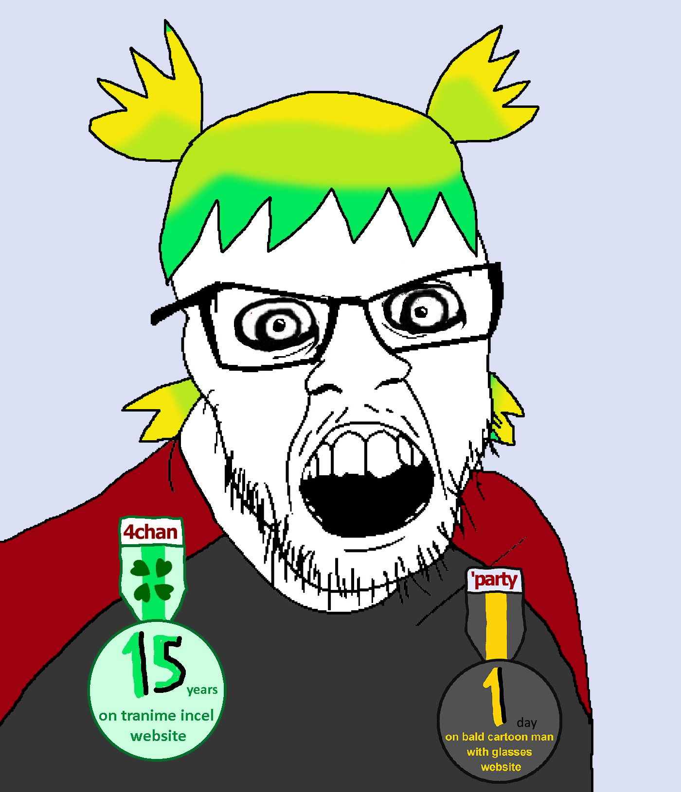 nate higgers, feraljak, natejak, 4chan, 4cuck, anime, badge, blonde hair, dyed hair, glasses
