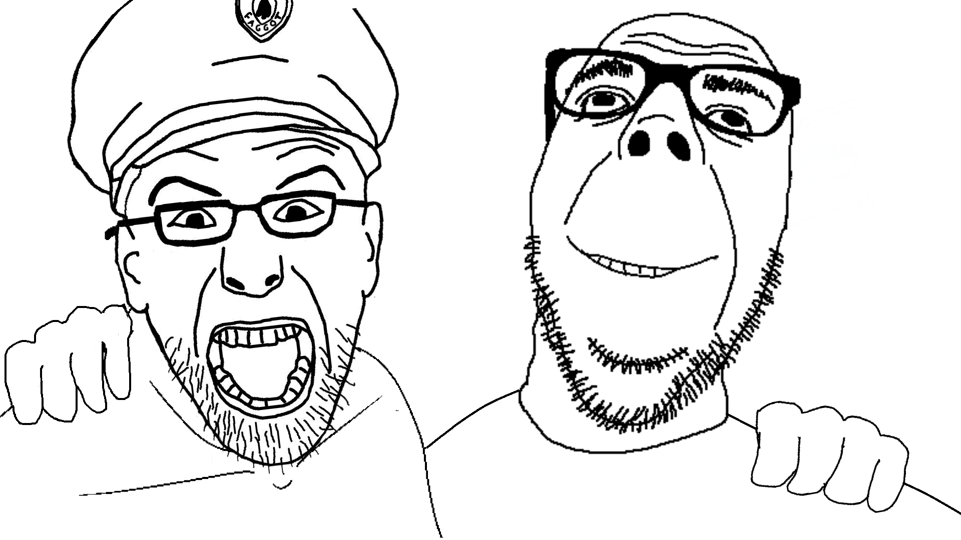 dubbbzjak, policejak, no more brother wars, 2soyjaks, closed mouth, clothes, ear, friendship, glasses, grin
