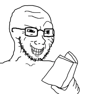 soyak, soyak (smug), remastered soyjaks, bald, book, closed mouth, glasses, grin, hands, holding object