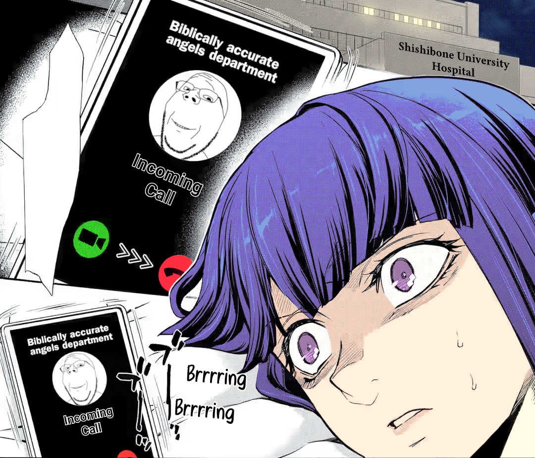 rika furude, gapejak, wholesome soyjak, anime, based department, bed, biblically accurate angel, blue hair, call, closed mouth