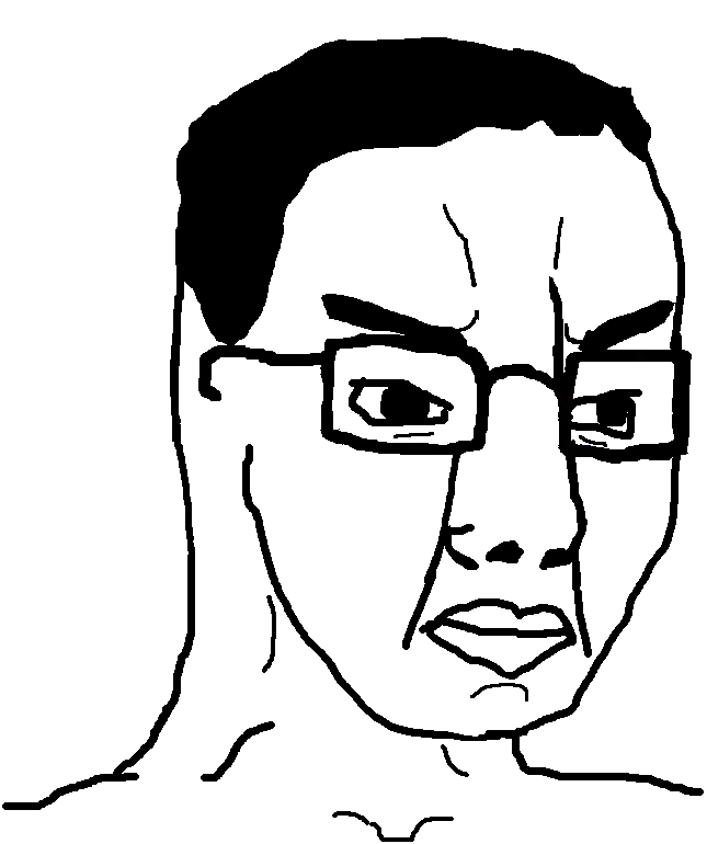 chudjak, protochud, 1soyjak, angry, black eyes, black hair, bushy eyebrows, closed mouth, frown, glasses