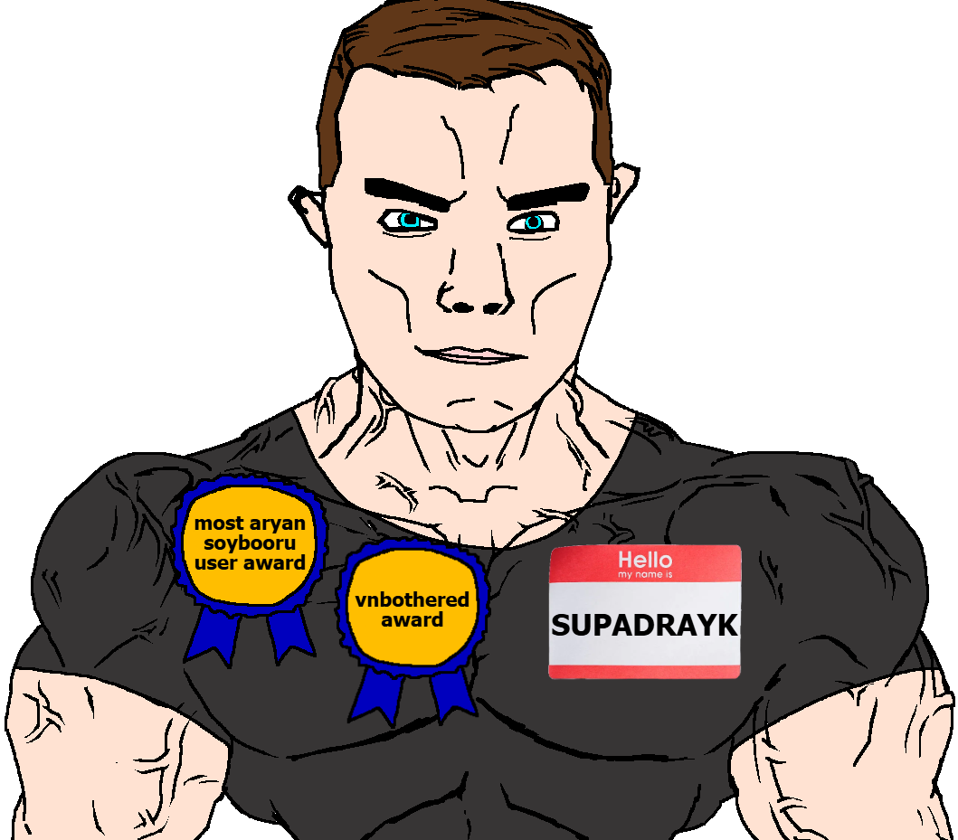 chudjak, chudjak front, muscular chud, arm, award, blue eyes, brown hair, buff, closed mouth, clothes