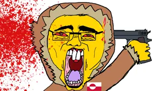 chudjak, suicide chud, bloodshot eyes, brown eyes, buck teeth, clothes, country, eskimo, firearm, flag