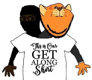chudjak, impish soyak ears, 2soyjaks, angry, black skin, brown skin, deformed, get along shirt, yellow sclera, garf