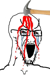 soyak, bald, blood, bloodshot eyes, crying, glasses, hammer, large eyebrows, open mouth, soyjak