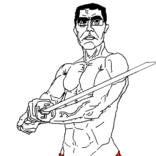 qqlive, chudjak, chudjak front, muscular chud, buff, chud, glasses, hair, katana, looking at you