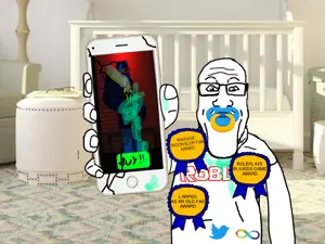 markiplier soyjak, autism, award, baby, caca, craddle, holding object, holding phone, oldfag, pacifier