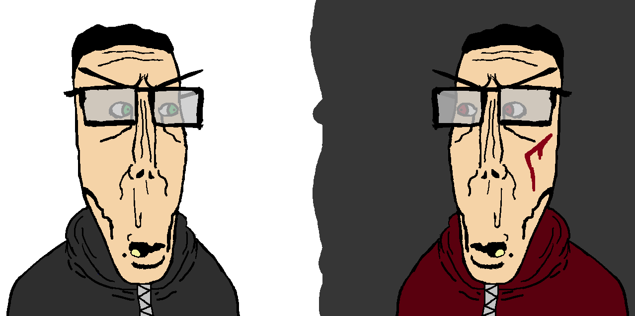 markiplier soyjak, euromutt, euromutt, black hood, black jacket, blood, clone, doppelganger, glasses, green eyes