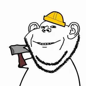 impish soyak ears, animated, building, clothes, gift, hammer, hat, helmet, holding object, white background