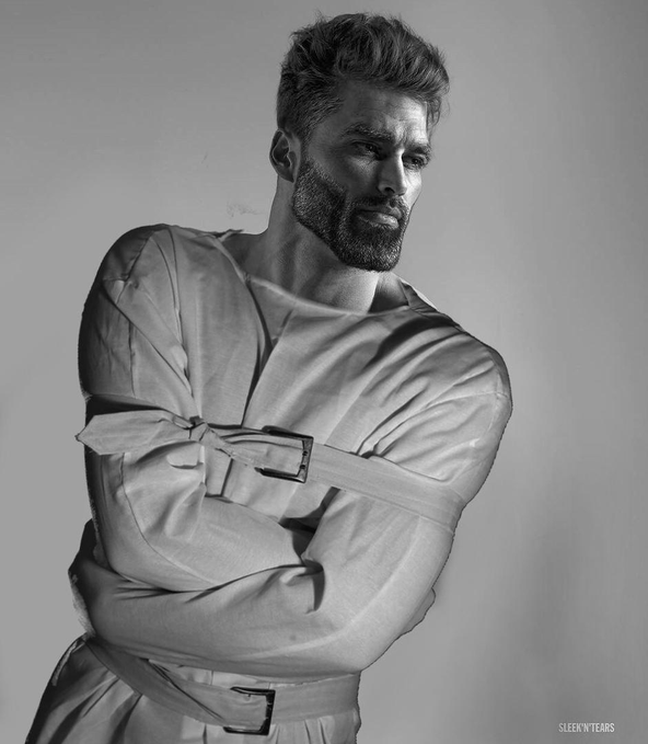 gigachad, beard, black hair, buff, closed mouth, gray background, gray skin, hair, half body, looking to the right