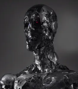 gigachad, glowing eyes, grayscale, red eyes, robot, terminator