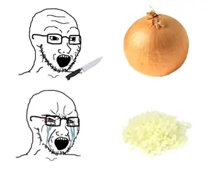 soyak, bloodshot eyes, crying, glasses, knife, onion, soyjak, soyjak comic, stubble