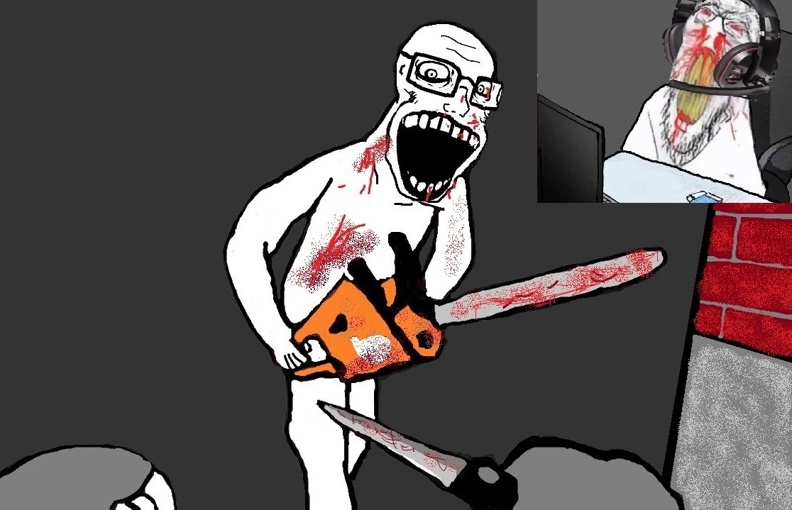 feraljak, soyak, feralrage, soyak (crazed), 2soyjaks, angry, arm, blood, chainsaw, clenched teeth