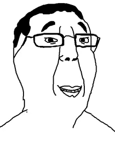 chudjak, bushy eyebrows, closed mouth, glasses, hair, happy, smile, soyjak