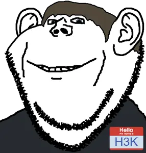 impish soyak ears, blue eyes, brown hair, hair, name tag, smile, uncolored skin, h3k