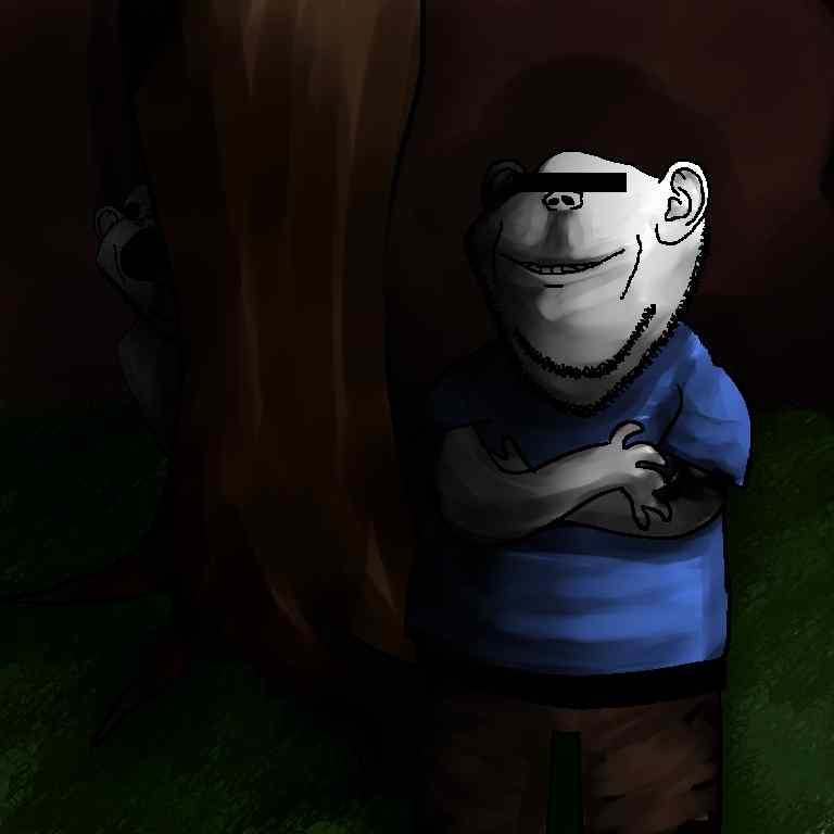 impish soyak ears, 2soyjaks, black sclera, blue shirt, censor bar, clothes, creepy, crossed arms, ear, grass