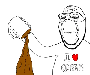gapejak, wholesome soyjak, closed eyes, closed mouth, clothes, coffee, crying, drink, eyebags, glasses
