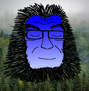 soydoz, blue skin, calm, forest, glasses, gradient, irl background, soyjak, stubble, tree