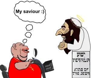 happy merchant, impish soyak ears, impish amerimutt, clothes, hat, hebrew text, jesus christ, judaism, kippah, religion