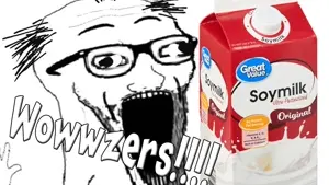 excited soyjak, soyak, wewjak, arm, food, glasses, hair, hands, hands up, milk