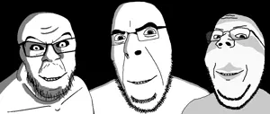 cobson, feraljak, gapejak, wholesome soyjak, 3soyjaks, closed mouth, glasses, looking at you, ominous, smile